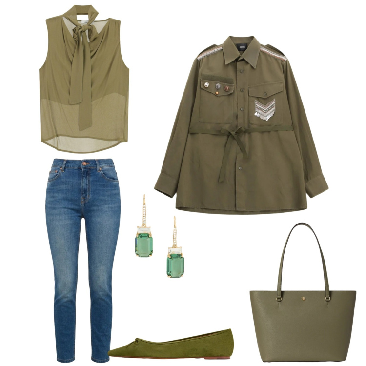Outfit donna - Military woman. Abbinamento con jeans, top, blazer, ballerine, orecchini, borse tote.