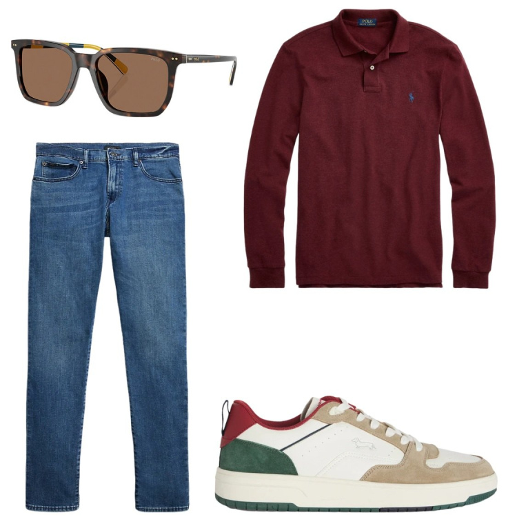 Outfit uomo - Burgundy Vibes. Stile Casual per Tutti i giorni. Abbinamento con sneakers, jeans, polo, occhiali da sole.
