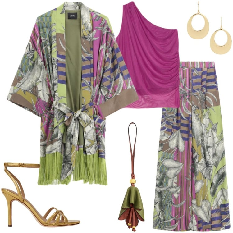 Outfit donna - La stagione delle cerimonie. Stile Chic per Cerimonia. Abbinamento con pantaloni a palazzo, blazer, top, sandali in pelle, orecchini, ciondoli.