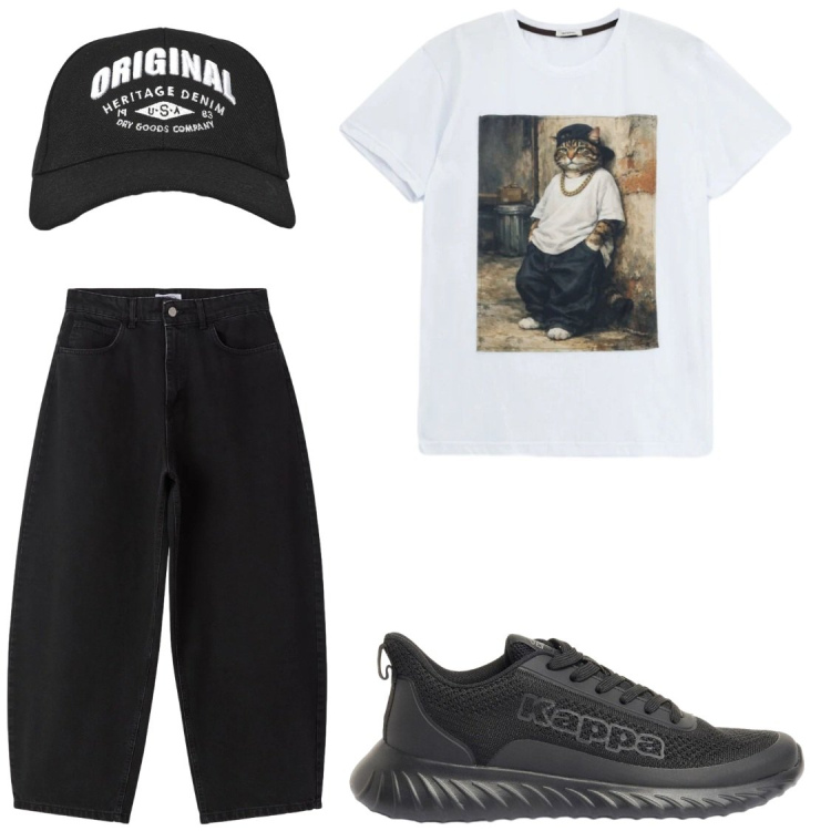 Outfit uomo - Street Cat Vibes#relax. Stile Trendy per Tutti i giorni. Abbinamento con sneakers, cappelli con visiera, jeans, t-shirt.