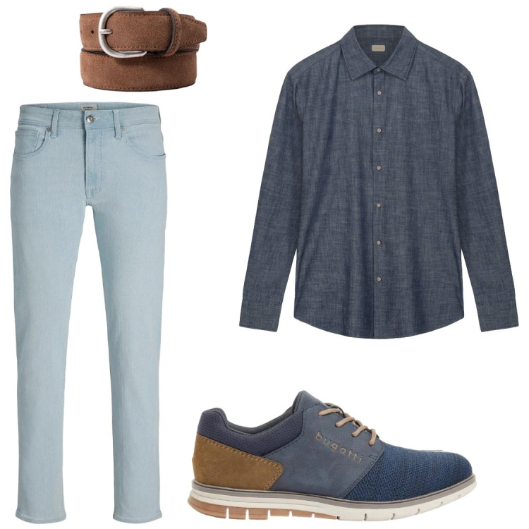 Outfit uomo - Camicia in jieans morbida. Stile Trendy per Tutti i giorni. Abbinamento con scarpe stringate, jeans slim fit, camicie, cinture.