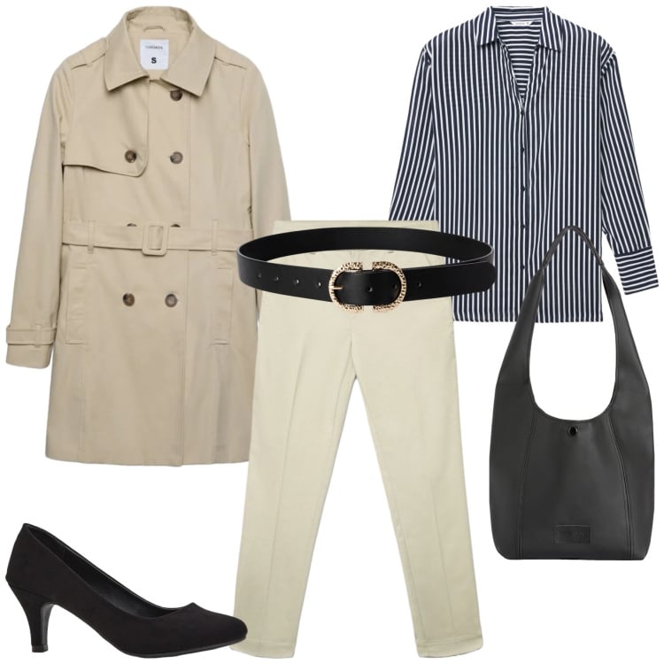 Outfit donna - Un outfit da ufficio. Stile Casual chic per Ufficio. Abbinamento con décolleté, pantaloni skinny, cinture, trench, camicie, borse a spalla.