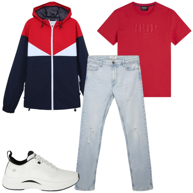 Outfit uomo - Active Red & Denim. Stile Casual per Tutti i giorni. Abbinamento con giacche sportive, jeans strappati, sneakers, t-shirt.