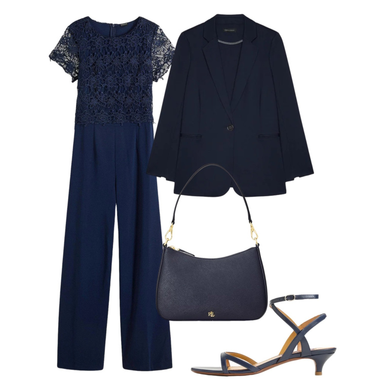 Outfit donna - Blu cerimonia. Stile Chic per Cerimonia. Abbinamento con tute, blazer, borse a spalla, sandali col tacco.