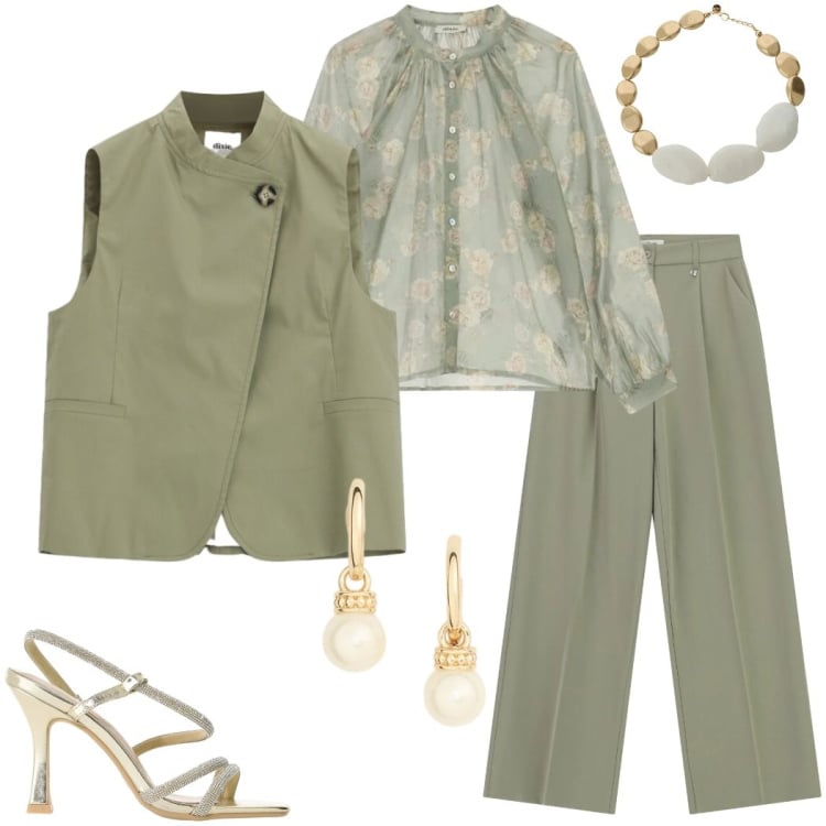 Outfit donna - La stagione delle cerimonie. Stile Casual chic per Cerimonia. Abbinamento con sandali col tacco, collane, gilet, camicie, pantaloni a palazzo, orecchini.