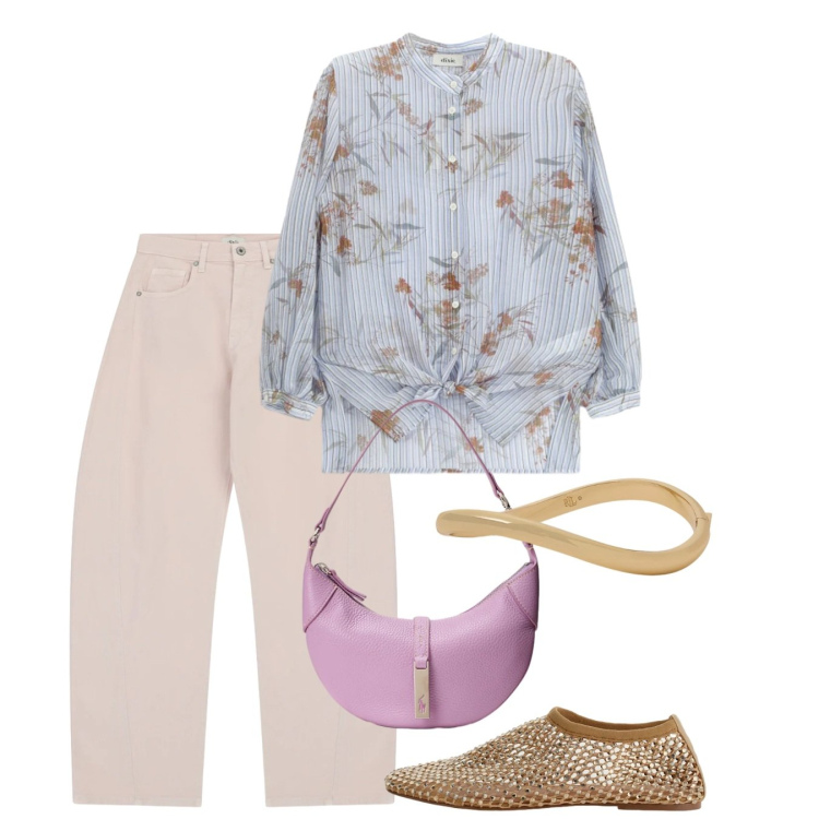 Outfit donna - Fiori e righe. Stile Casual per Tutti i giorni. Abbinamento con pantaloni a palazzo, ballerine, camicie, borse a spalla, braccialetti.