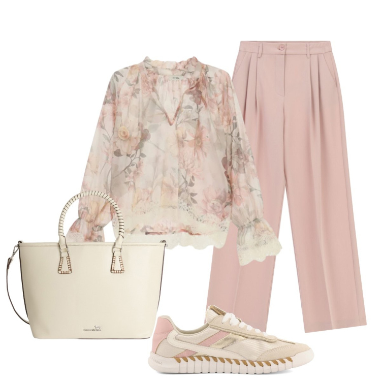 Outfit donna - Rosa colore romantico. Stile Romantica per Tutti i giorni. Abbinamento con shopping bag, pantaloni a palazzo, bluse, sneakers.