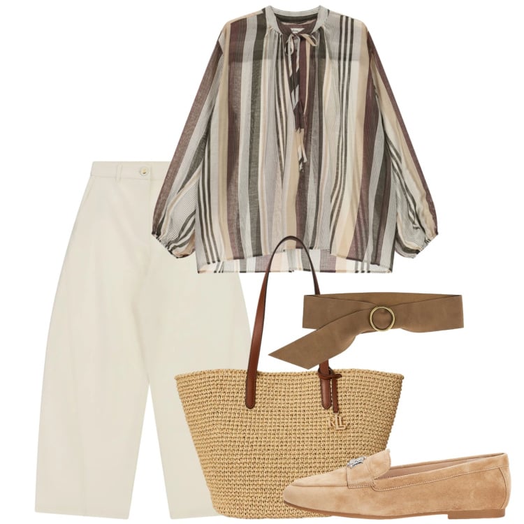 Outfit donna - Righe primavera. Stile Casual chic per Tutti i giorni. Abbinamento con jeans, cinture, bluse, mocassini, borse tote.