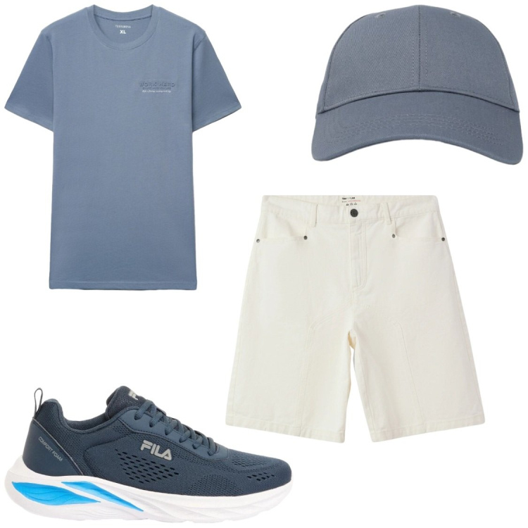 Outfit uomo - Blue Breeze Casual. Stile Casual per Tutti i giorni. Abbinamento con sneakers, t-shirt, bermuda, cappelli con visiera.