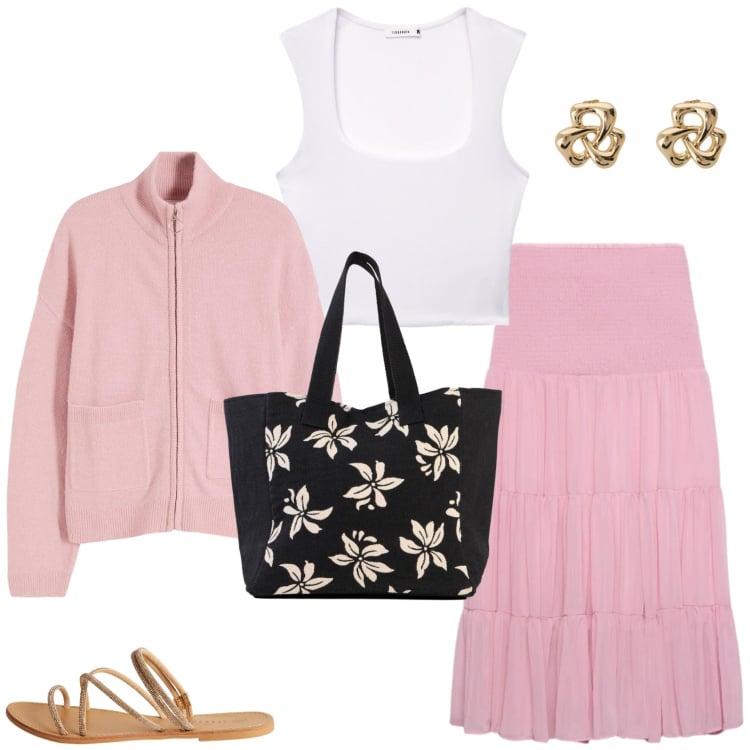 Outfit donna - Boho vibes. Stile Boho per Tutti i giorni. Abbinamento con cardigans, shopping bag, sandali, top, gonne lunghe, orecchini.