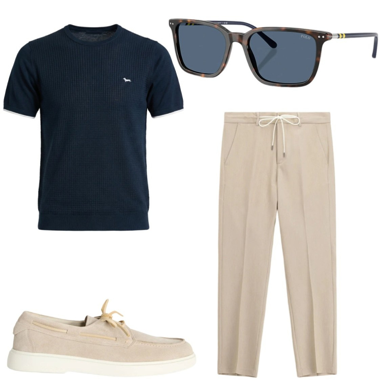 Outfit uomo - Sportivo con eleganza. Stile Trendy per Serata speciale. Abbinamento con pantaloni, scarpe stringate, t-shirt, occhiali da sole.
