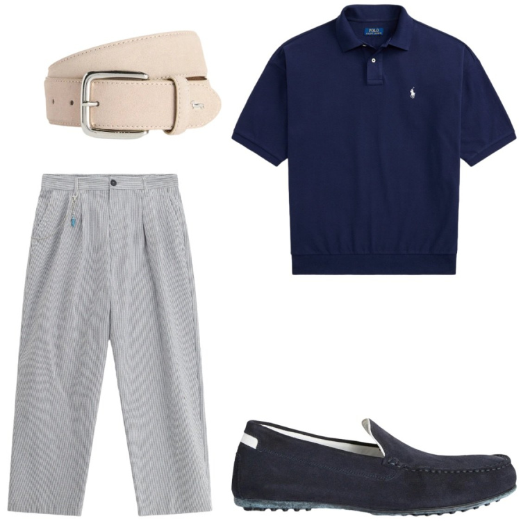 Outfit uomo - Pantaloni comodi e raffinati. Stile Trendy per Serata speciale. Abbinamento con pantaloni, scarpe stringate, cinture, polo.