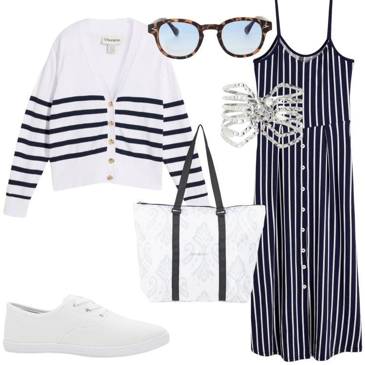 Outfit donna - Lo stile Urban. Stile Urban per Tutti i giorni. Abbinamento con sneakers, vestiti midi/longuette, cardigans, braccialetti, occhiali da sole, shopping bag.
