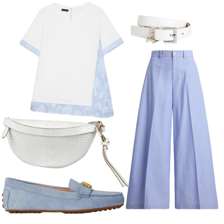 Outfit donna - Total look #2399083. Stile Trendy per Tutti i giorni. Abbinamento con marsupi, cinture, t-shirt, pantaloni, mocassini.