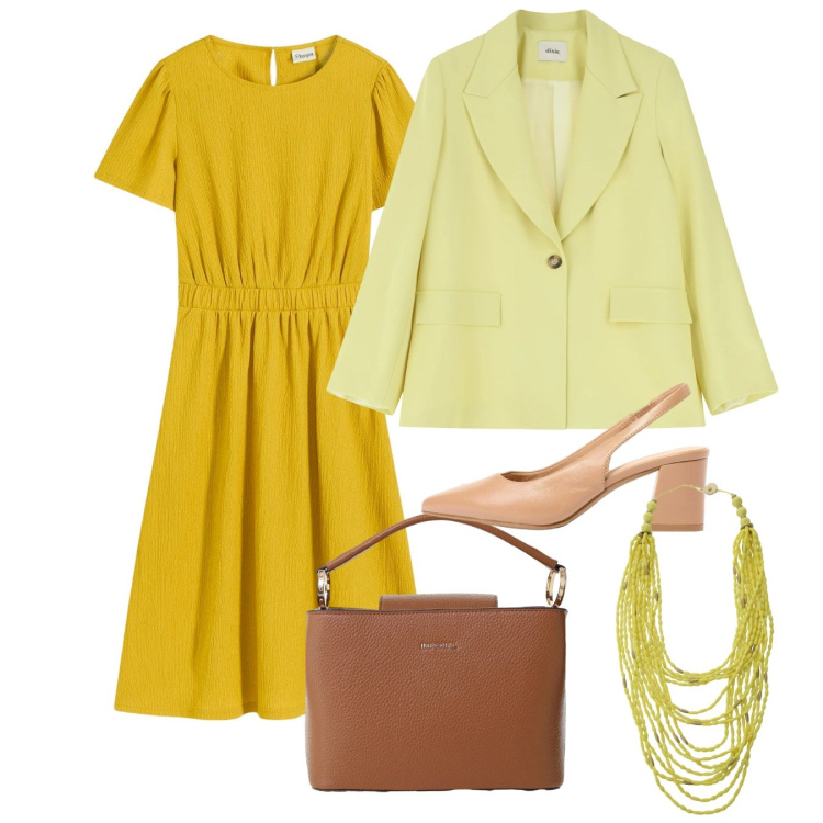 Outfit donna - Maggio. Stile Bon Ton per Tutti i giorni. Abbinamento con vestiti, décolleté, borse a secchiello, collane, blazer.