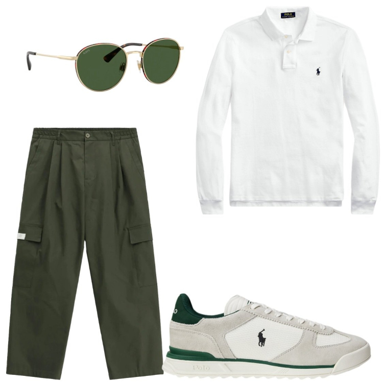 Outfit uomo - Cargo verdi#serate#amici. Stile Trendy per Serata speciale. Abbinamento con pantaloni cargo, polo, sneakers, occhiali da sole.