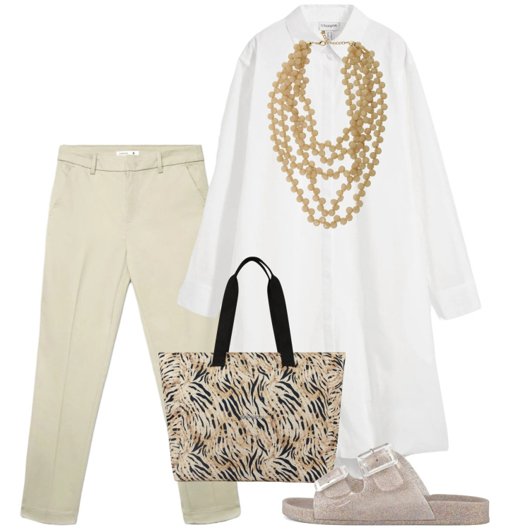 Outfit donna - Etnico chic. Stile Etnico per Tutti i giorni. Abbinamento con vestiti chemisier, pantaloni skinny, collane, shopping bag, sandali.