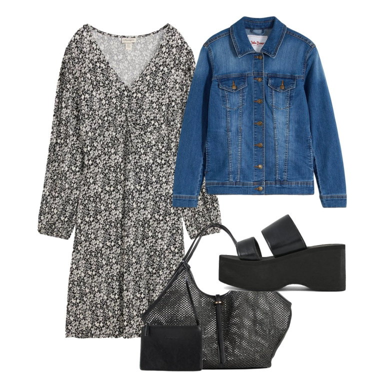 Outfit donna - In città. Stile Casual per Tutti i giorni. Abbinamento con vestiti, blazer, shopping bag, zeppe.