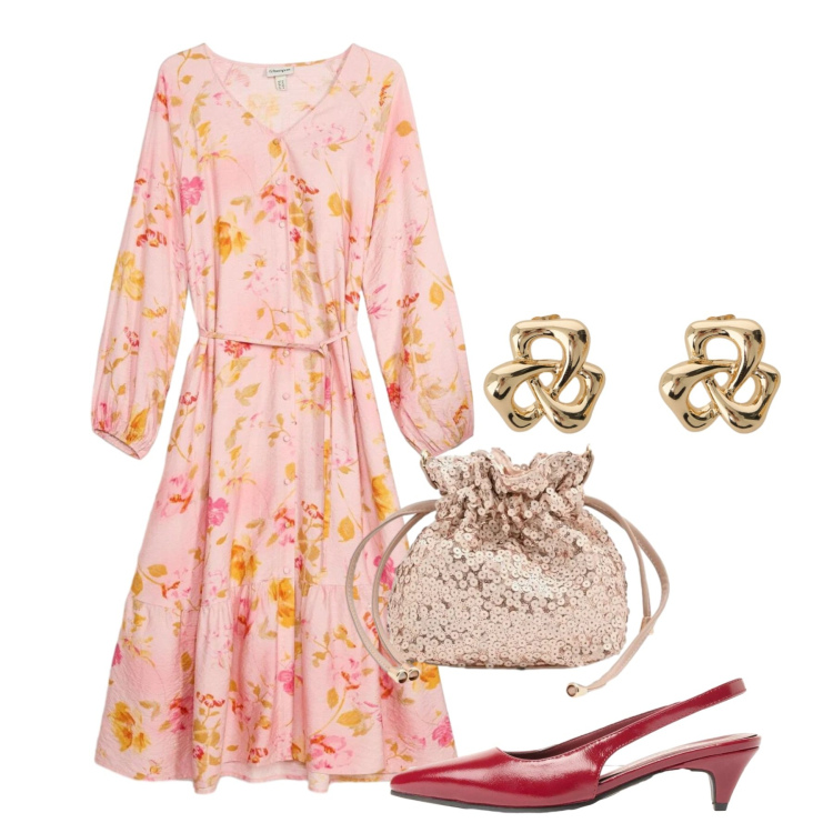 Outfit donna - Romantica a maggio. Stile Romantica per Tutti i giorni. Abbinamento con décolleté, vestiti midi/longuette, pochette, orecchini.