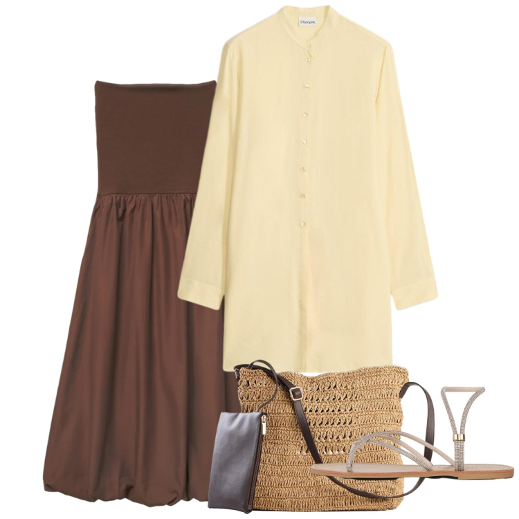 Outfit donna - Abito e camicione. Stile Chic per Tutti i giorni. Abbinamento con borse a tracolla, camicie, sandali, vestiti midi/longuette.