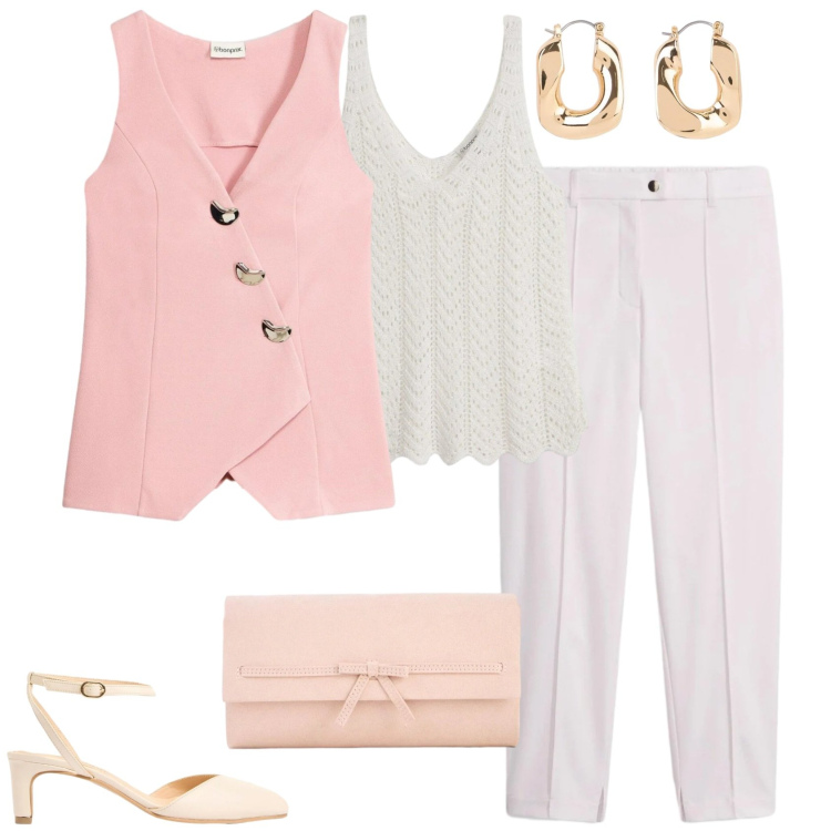 Outfit donna - Elegante e minimal. Stile Chic per Cerimonia. Abbinamento con blazer, pantaloni, décolleté, canottiere, orecchini, pochette.
