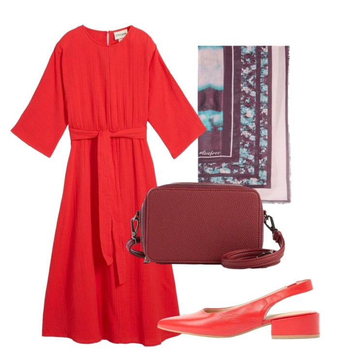 Outfit donna - Rosso anguria. Stile Chic per Ufficio. Abbinamento con vestiti midi/longuette, borse a tracolla, décolleté, foulard.