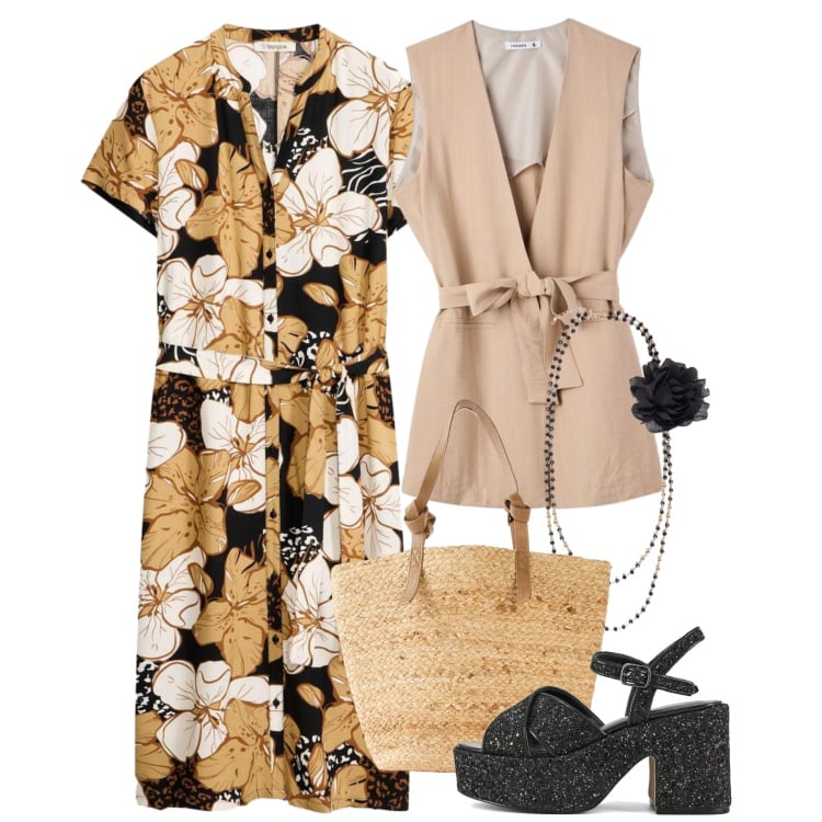 Outfit donna - Viaggio a Madrid. Stile Chic per Tutti i giorni. Abbinamento con vestiti, shopping bag, gilet, collane, sandali.