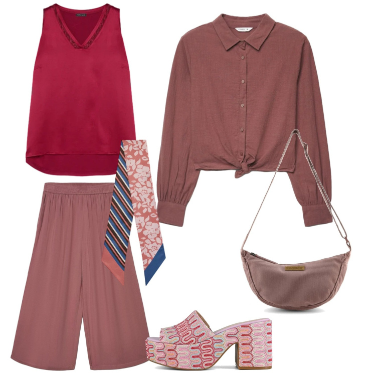 Outfit donna - Pomeriggio al Cinema. Abbinamento con camicie, pantaloni a palazzo, foulard, top, sabot, borse a tracolla.