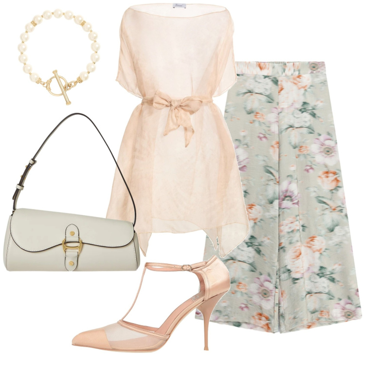 Outfit donna - Total look #2399109. Stile Chic per Cerimonia. Abbinamento con décolleté, top, pantaloni a palazzo, borse a spalla, braccialetti.