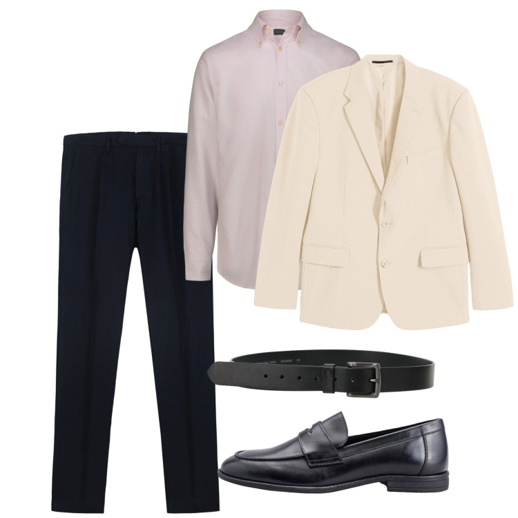 Outfit uomo - Serata primaverile. Stile Casual per Serata speciale. Abbinamento con giacche, cinture, pantaloni, camicie, scarpe stringate.