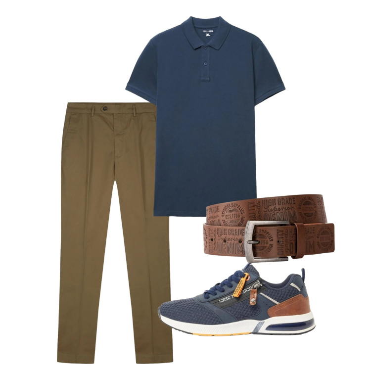 Outfit uomo - Polo protagonista. Stile Casual per Tutti i giorni. Abbinamento con cinture, sneakers, polo, pantaloni.