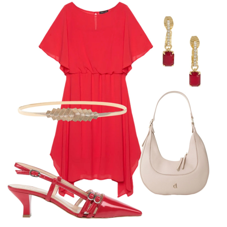 Outfit donna - Armonia. Stile Casual chic per Tutti i giorni. Abbinamento con décolleté, borse a tracolla, cinture, vestiti asimmetrici, orecchini.