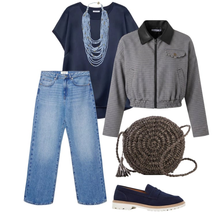 Outfit donna - Denim. per Scuola/Università. Abbinamento con mocassini, borse a tracolla, jeans dritti, cappotti, collane, bluse.