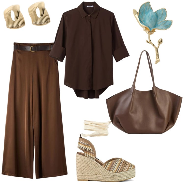 Outfit donna - Marrone estate. per Ufficio. Abbinamento con shopping bag, pantaloni, camicie, blazer, orecchini, zeppe.