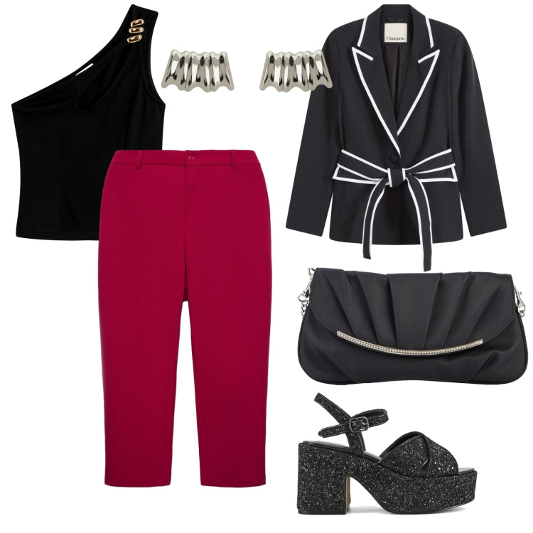 Outfit donna - Serate di primavera. per Serata fuori. Abbinamento con top, clutch, blazer, pantaloni chino, orecchini, sandali.
