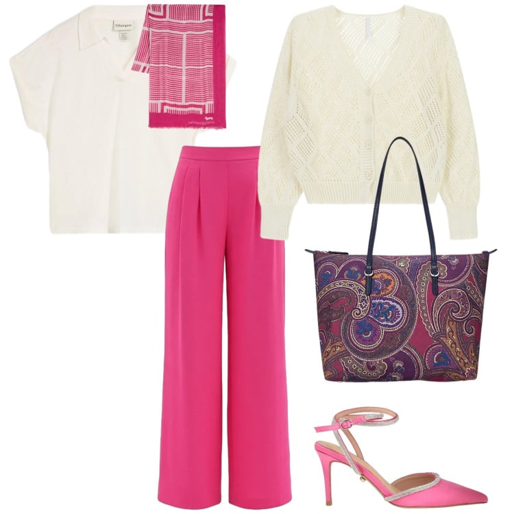 Outfit donna - Uscita tra amiche. per Tutti i giorni. Abbinamento con décolleté, polo, sciarpe, cardigans, pantaloni a palazzo, borse tote.