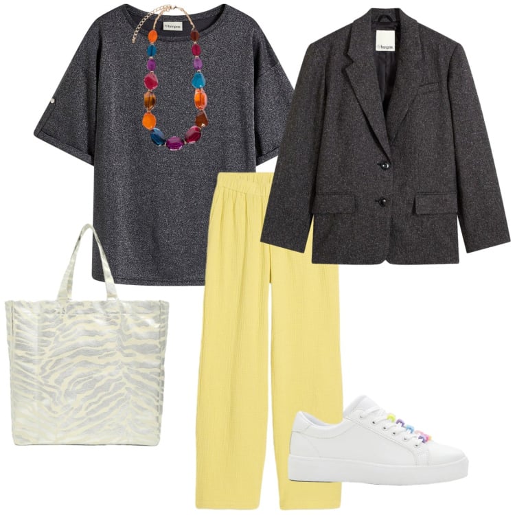 Outfit donna - Pantaloni gialli. per Tutti i giorni. Abbinamento con pantaloni, maglieria, sneakers, blazer, shopping bag, collane.