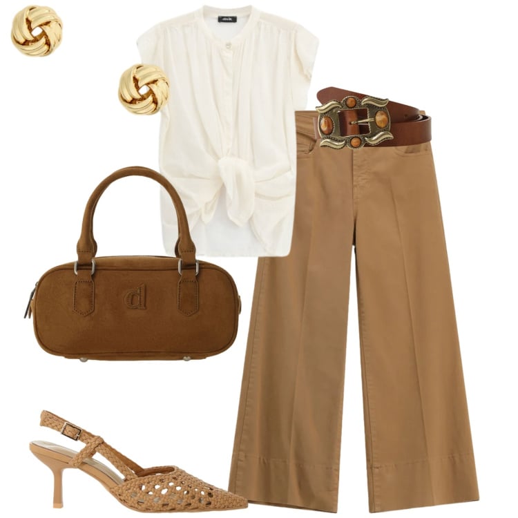 Outfit donna - City. Stile Casual chic per Tutti i giorni. Abbinamento con décolleté, cinture, cappotti, pantaloni a palazzo, camicie a manica corta, orecchini.
