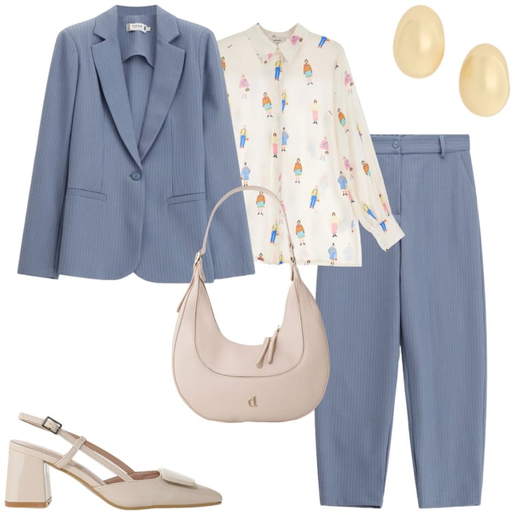Outfit donna - Maggio in ufficio. Stile Urban per Ufficio. Abbinamento con pantaloni, blazer, décolleté, camicie, borse a tracolla, orecchini.