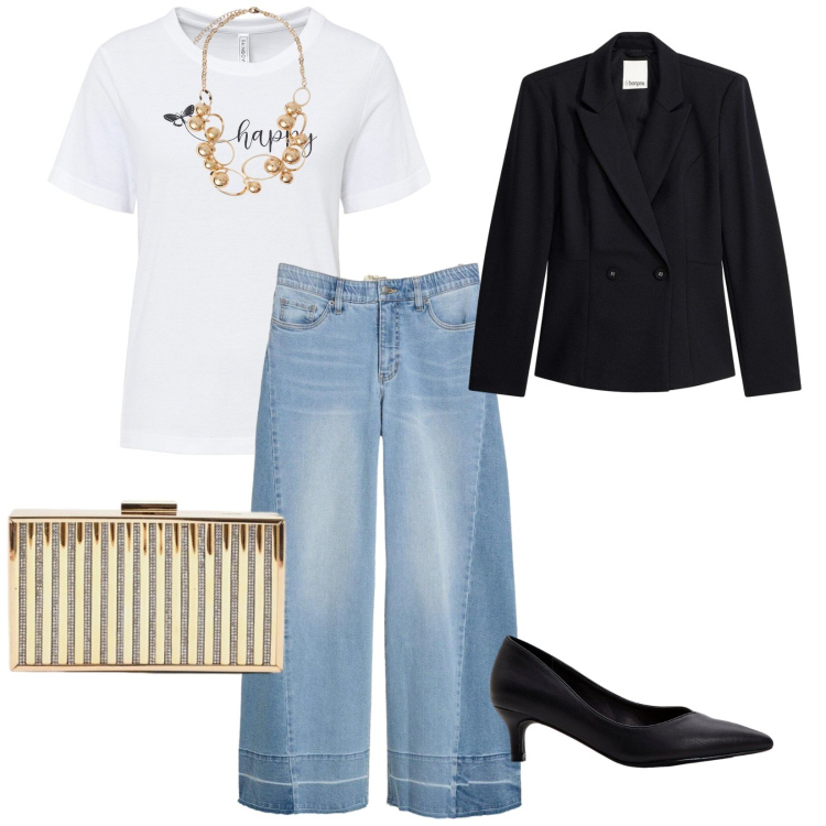 Outfit donna - Cena tra amiche. per Serata fuori. Abbinamento con jeans, t-shirt, décolleté, blazer, clutch, collane.