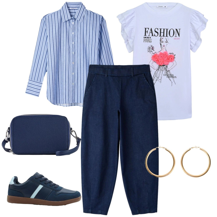 Outfit donna - Casual tempo libero. per Tutti i giorni. Abbinamento con sneakers, borse a tracolla, t-shirt, camicie, jeans, orecchini.