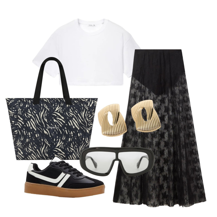 Outfit donna - Maggio. Stile Trendy per Tutti i giorni. Abbinamento con sneakers, gonne lunghe, t-shirt, occhiali da sole, orecchini, shopping bag.
