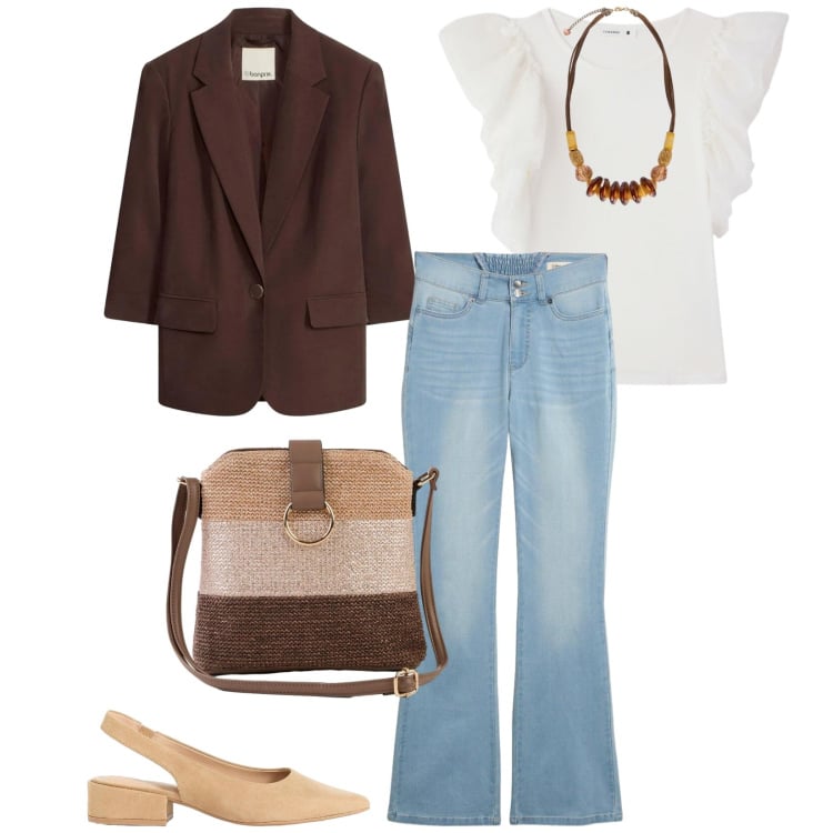 Outfit donna - Trendy per il tempo libero. per Tutti i giorni. Abbinamento con décolleté, jeans bootcut, blazer, borse a tracolla, t-shirt, collane.