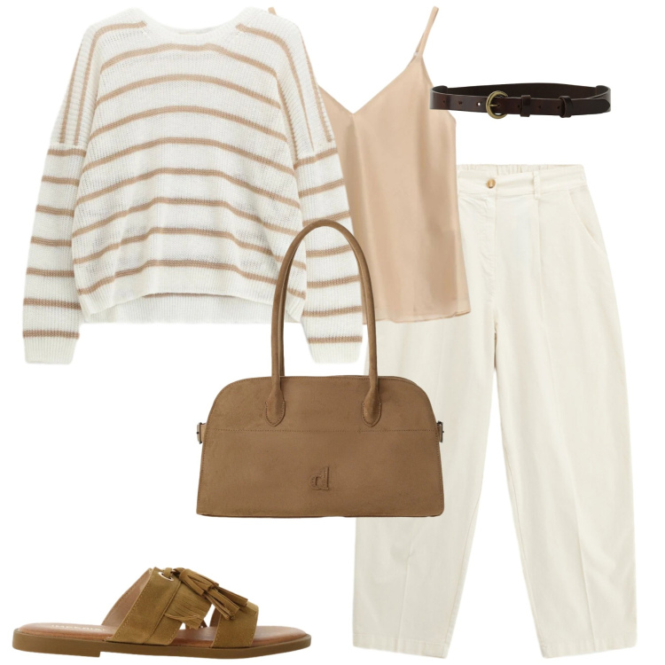 Outfit donna - City. Stile Casual chic per Tutti i giorni. Abbinamento con sandali, cappotti, pantaloni, maglieria, cinture, top.
