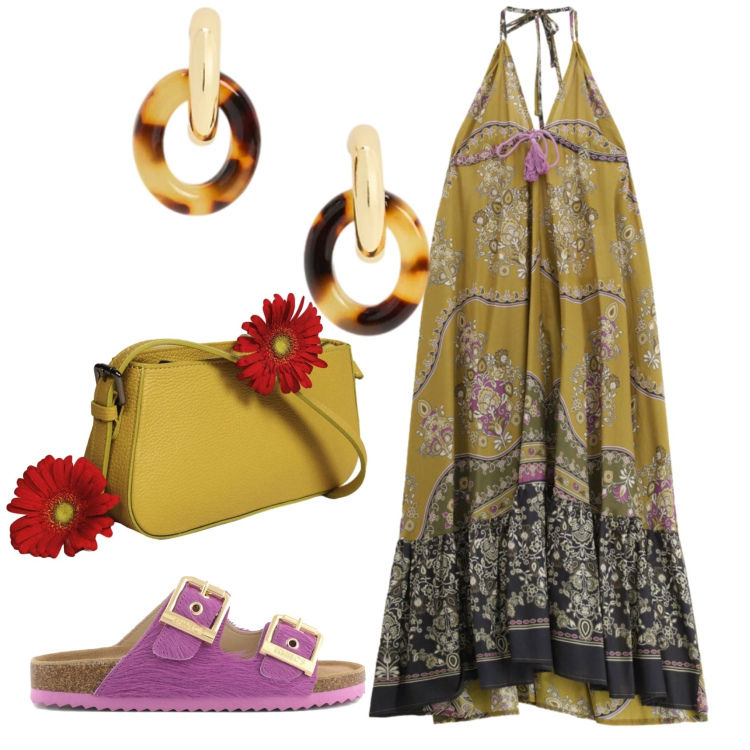 Outfit donna - Total look #2399160. Stile Etnico per Tutti i giorni. Abbinamento con borse a spalla, vestiti lunghi, orecchini, sandali in pelle.