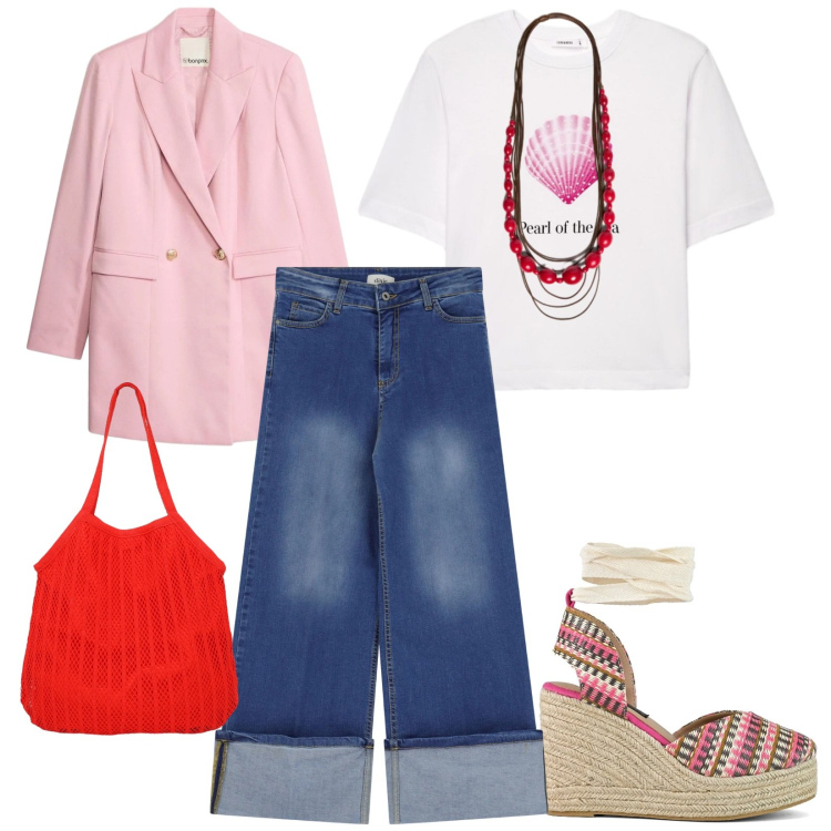 Outfit donna - Casual. per Tutti i giorni. Abbinamento con blazer, t-shirt, shopping bag, jeans dritti, collane, zeppe.