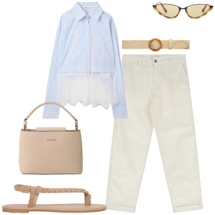 Outfit donna - City. Stile Casual chic per Tutti i giorni. Abbinamento con camicie, cinture, ciabatte, occhiali da sole, borse a secchiello, jeans.