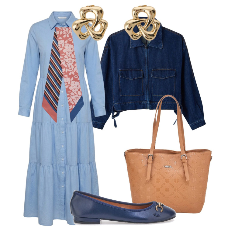 Outfit donna - Ballerine time. Stile Casual chic per Tutti i giorni. Abbinamento con cappotti, vestiti chemisier, orecchini, foulard, ballerine, borse a tracolla.