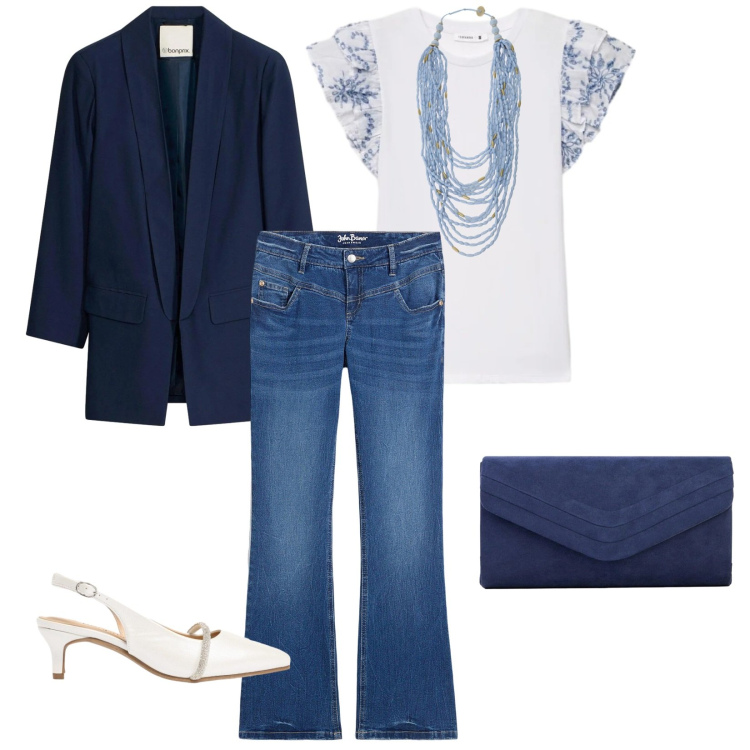 Outfit donna - Casual per l\' ufficio. per Ufficio. Abbinamento con jeans bootcut, blazer, décolleté, clutch, t-shirt, collane.