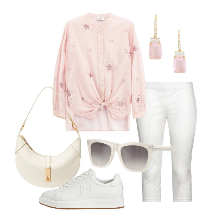 Outfit donna - Maggio. Stile Romantica per Tutti i giorni. Abbinamento con leggings, camicie, sneakers, occhiali da sole, borse a spalla, orecchini.